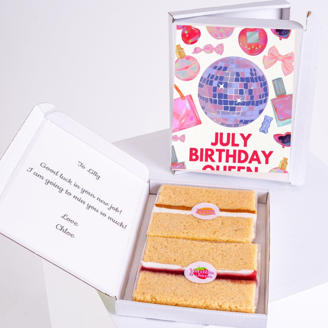 Letterbox cake gift with July Queen card