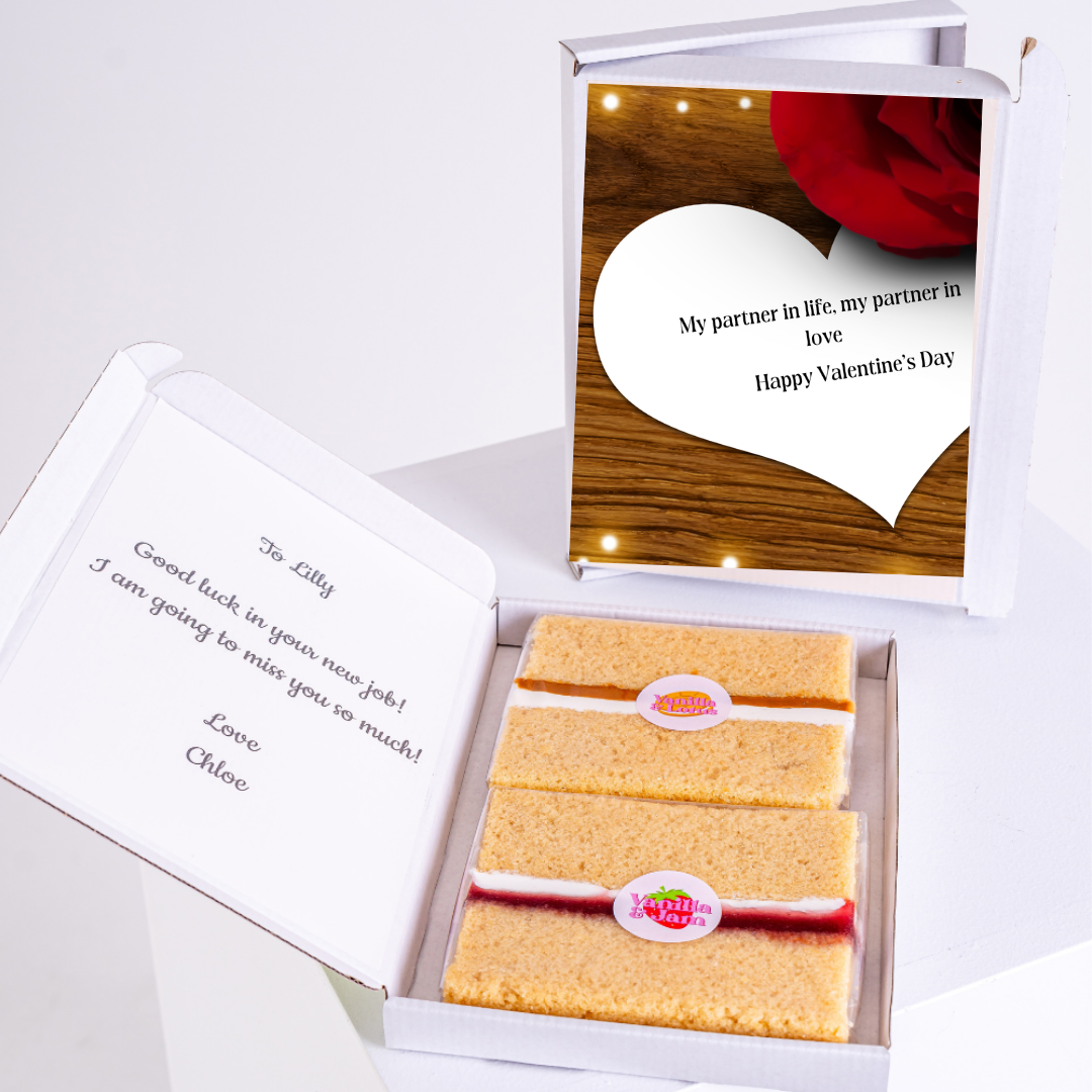 Valentine's Day cake gift with heart card and message for Lilly.