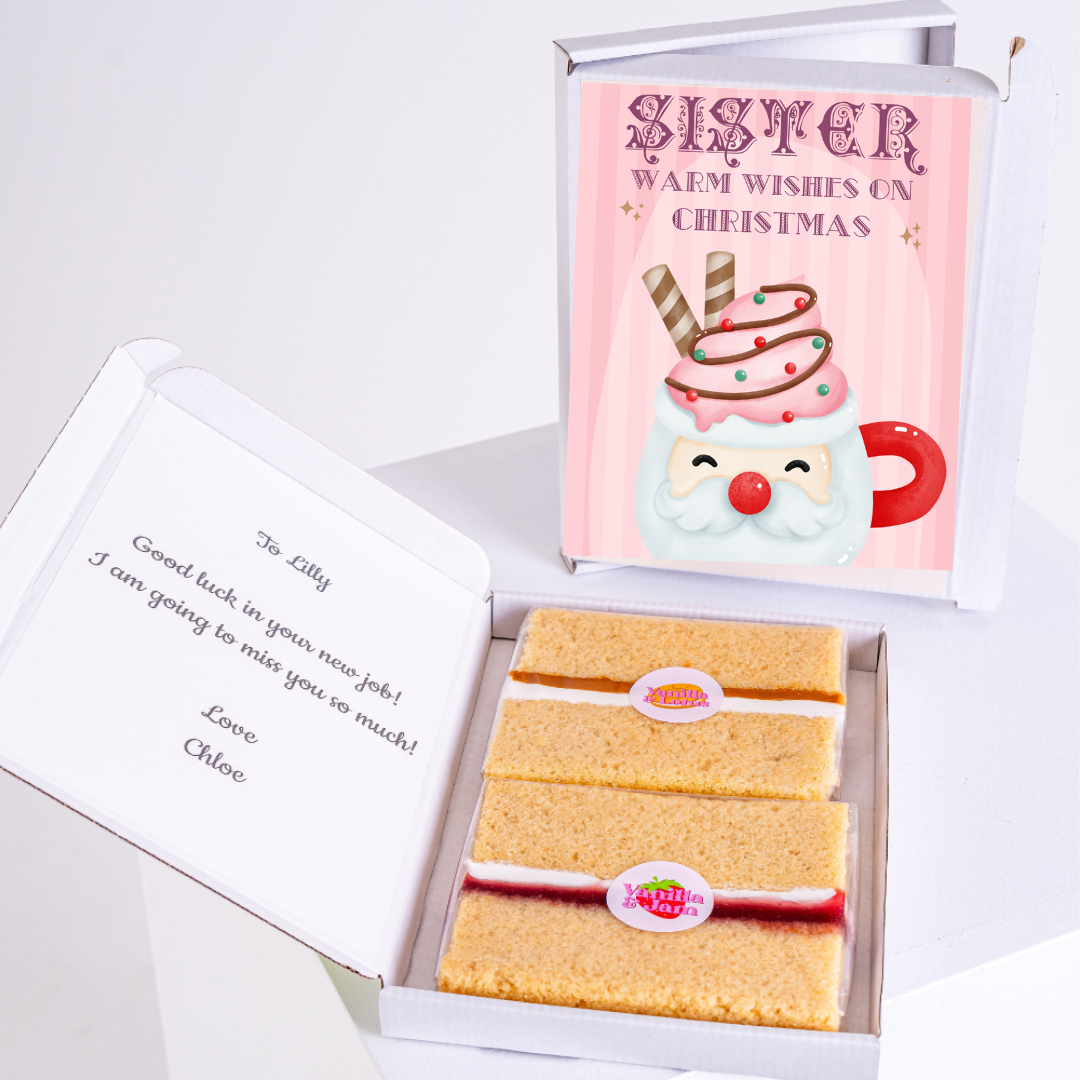 Christmas gift box for sister with cake and message.