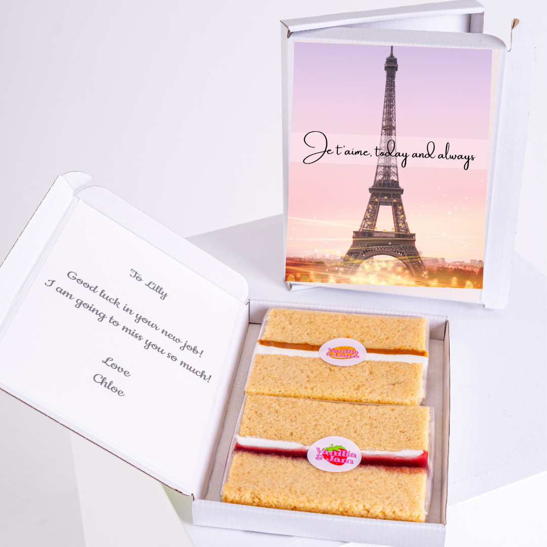 Gift box with cake and Je t'aime card, farewell message to Lilly.