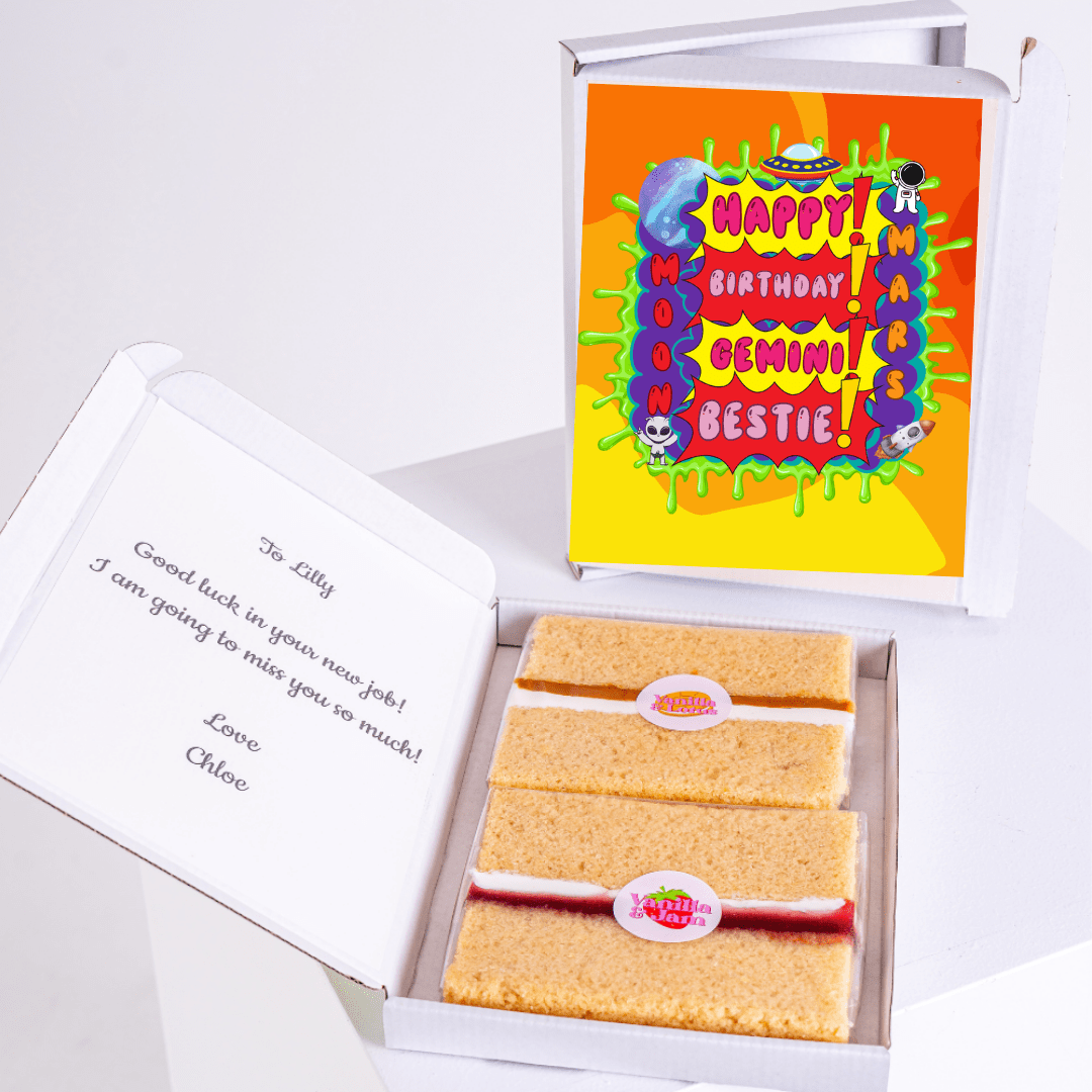 Birthday cake gift box with Happy Birthday Bestie card and farewell message...