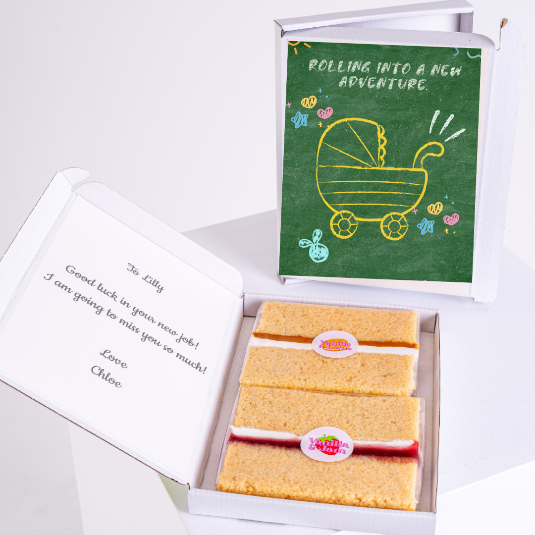 New job gift box for Lilly with cake and message