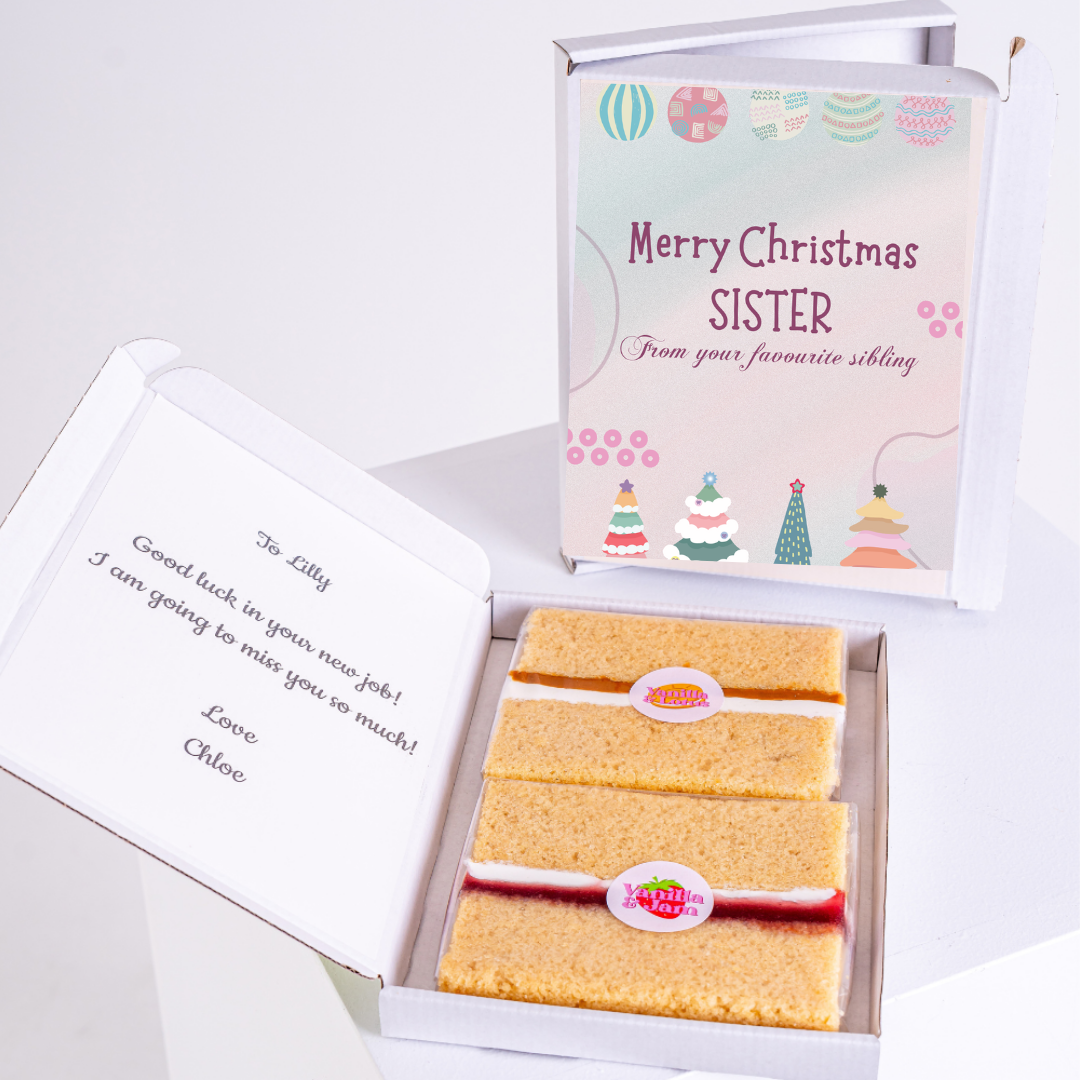 Christmas cake gift box for sister, with note.