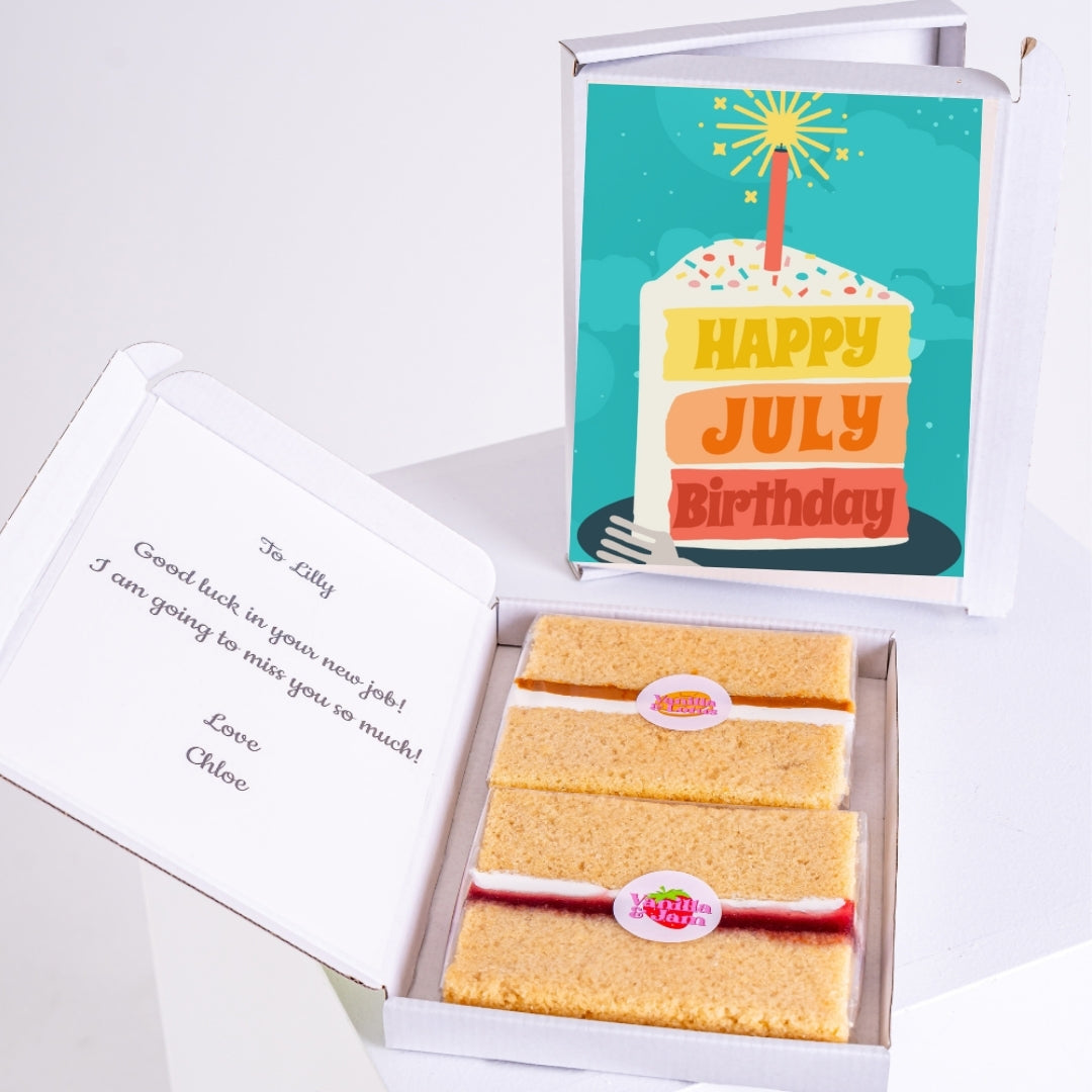 Gift box with cake and July birthday message