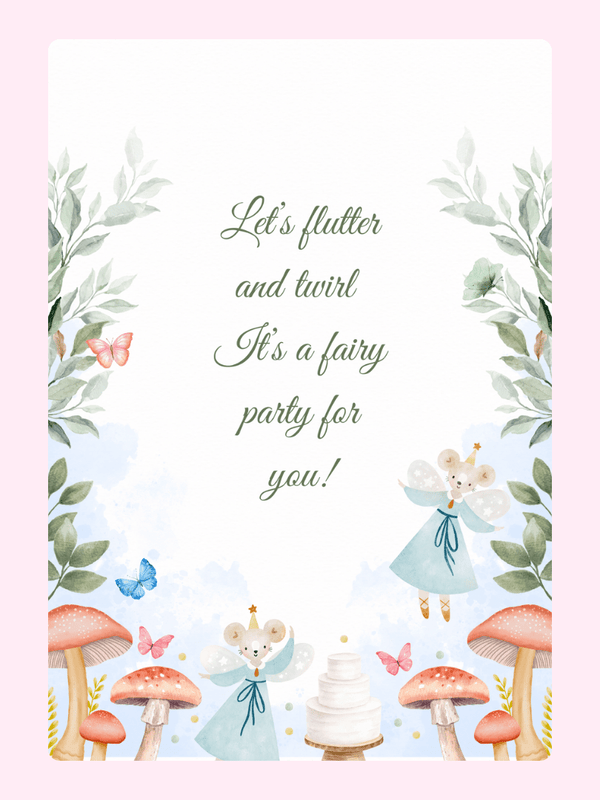 Fairy party invitation with mice, mushrooms, and butterflies