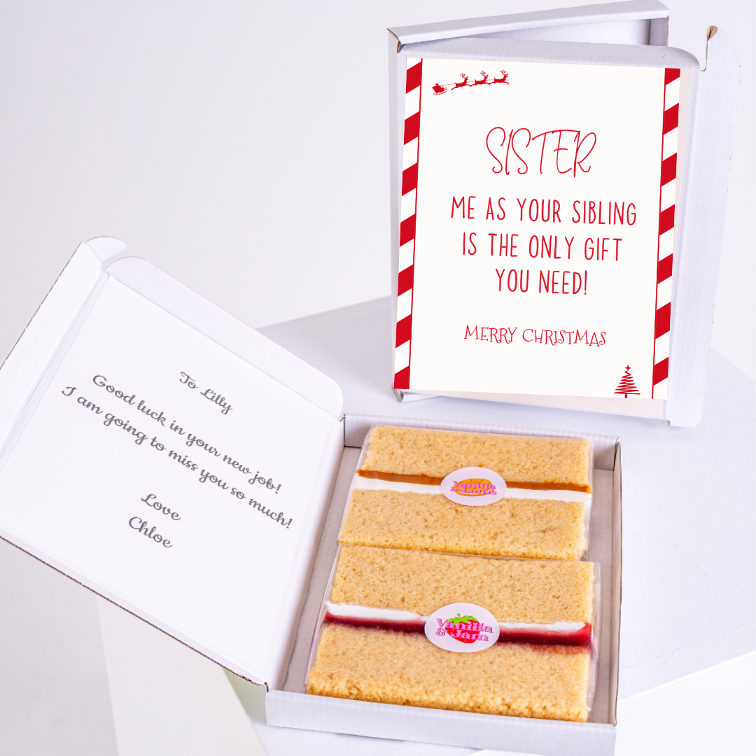Christmas gift box for sister with cake and message.