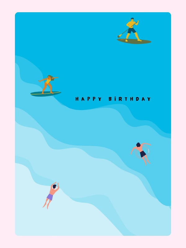 Birthday card with surfers and swimmers