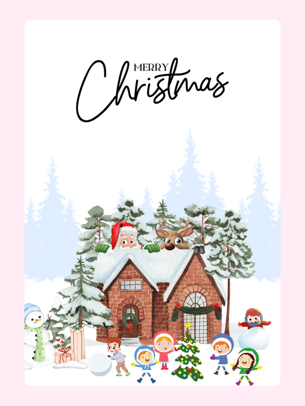 Christmas card with house, Santa, snowman, kids