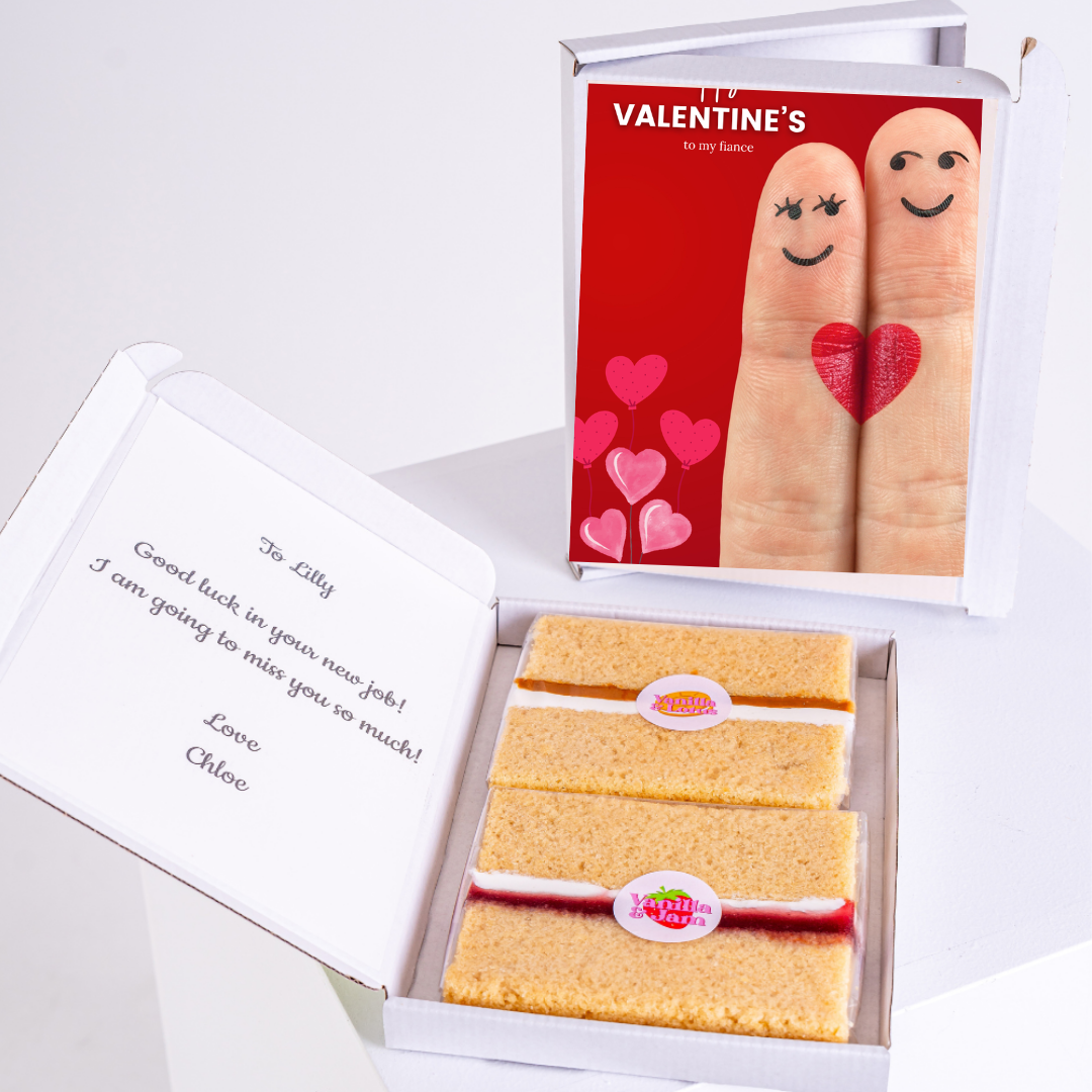 Valentine's Day gift box with cake and finger heart design
