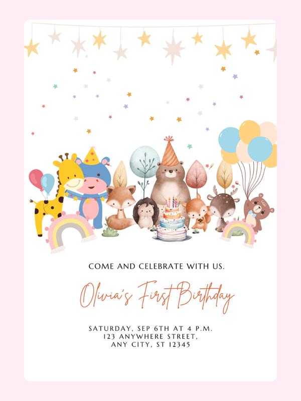 Olivia's first birthday invitation with woodland animals