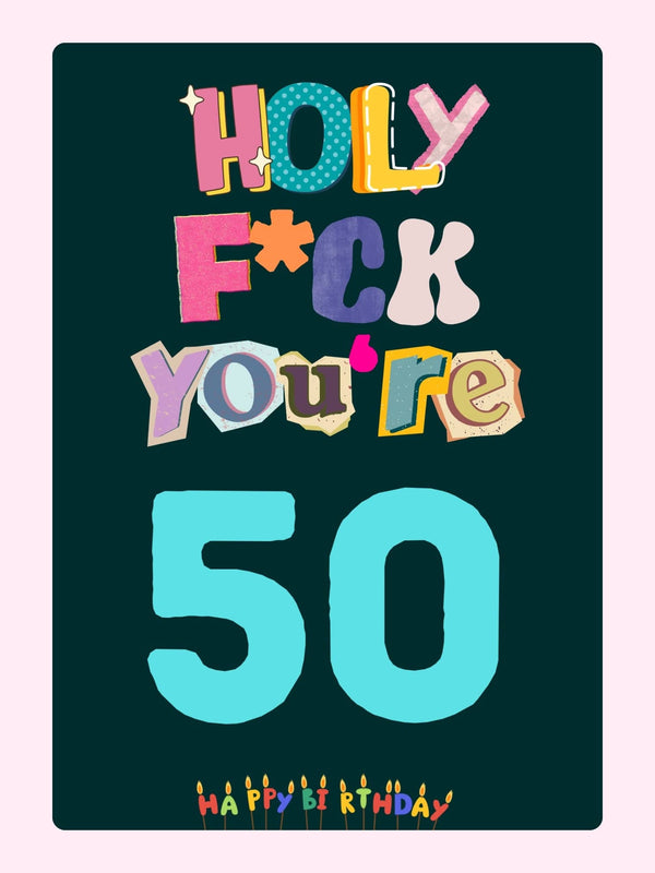 bold 50th birthday card design with colorful typography and candles