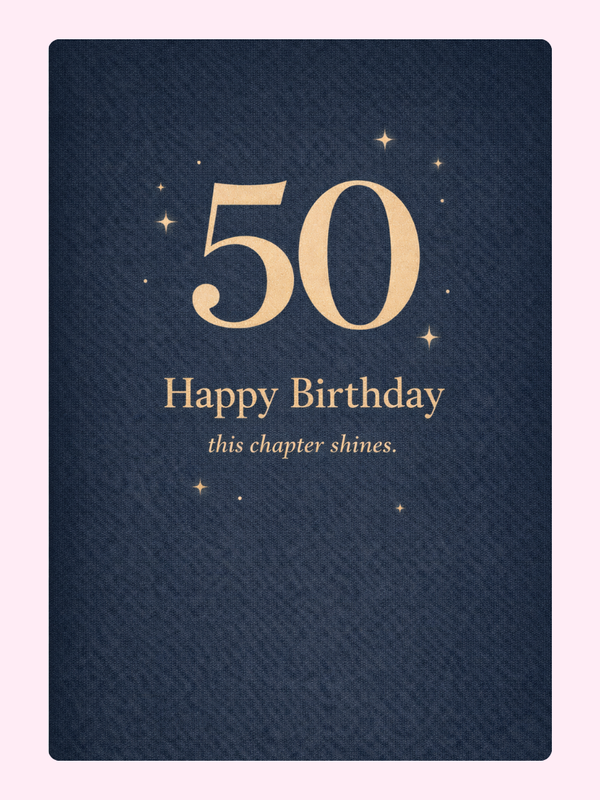 navy 50th birthday card design with gold text and stars