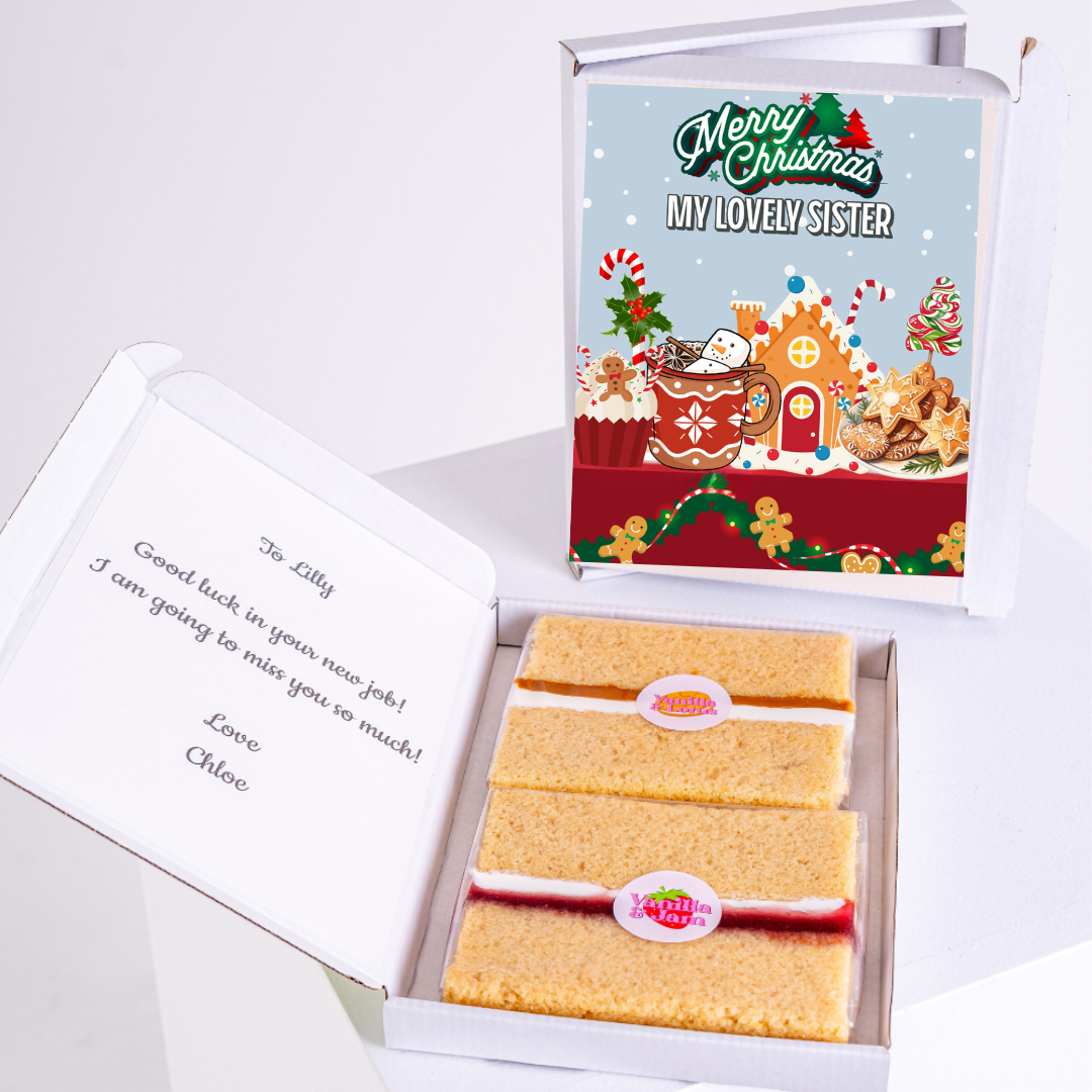 Christmas gift box for sister with cake and message