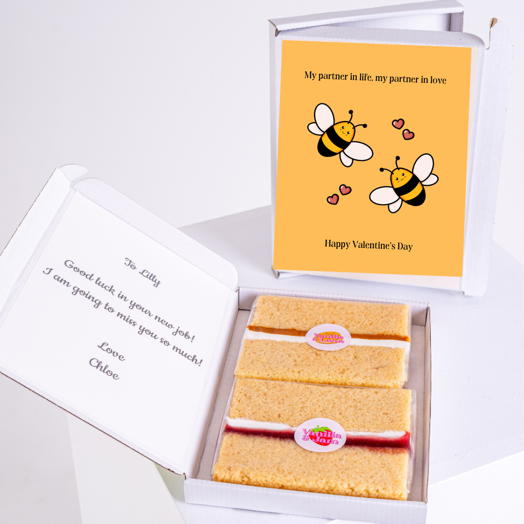 Valentine's Day cake gift for Lilly, featuring bee card and note from Chloe.