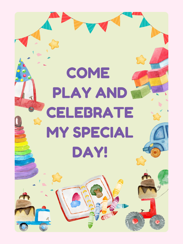 Party invite with toys, Come Play and Celebrate (#55)