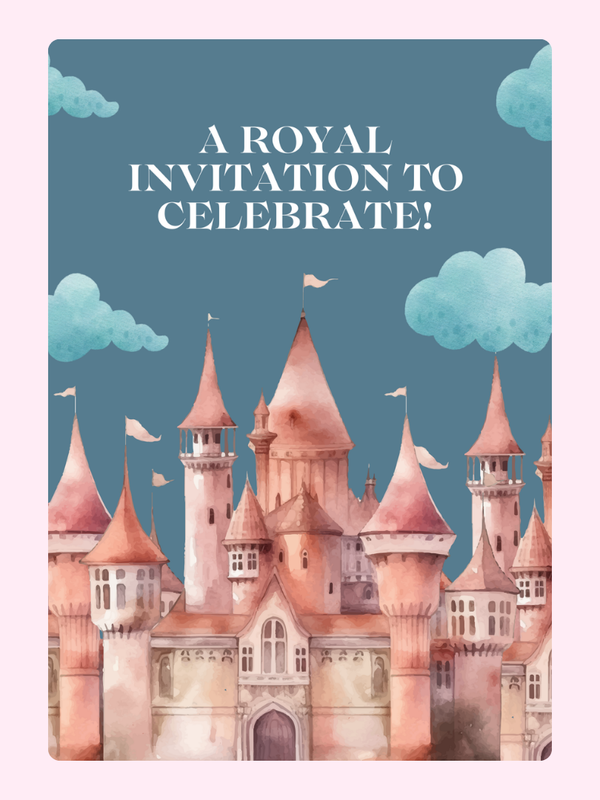Royal invitation with castle illustration.