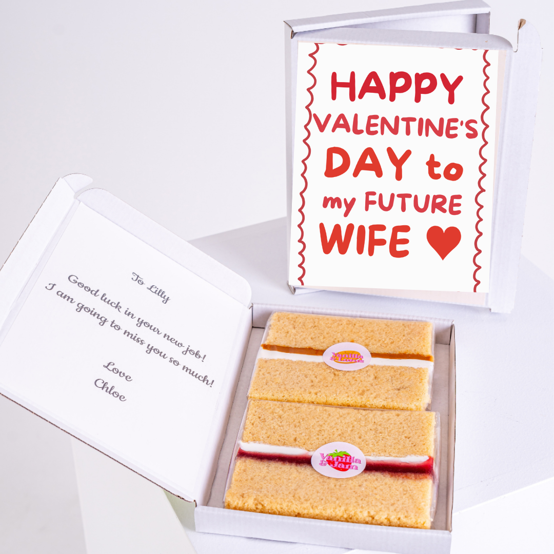 Valentine's Day gift box with cake and message to future wife