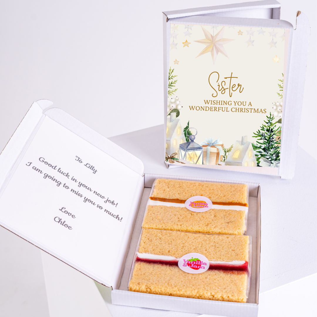 Christmas gift box for sister with cake and card