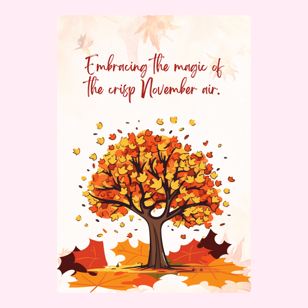 November tree with falling leaves, embracing crisp air