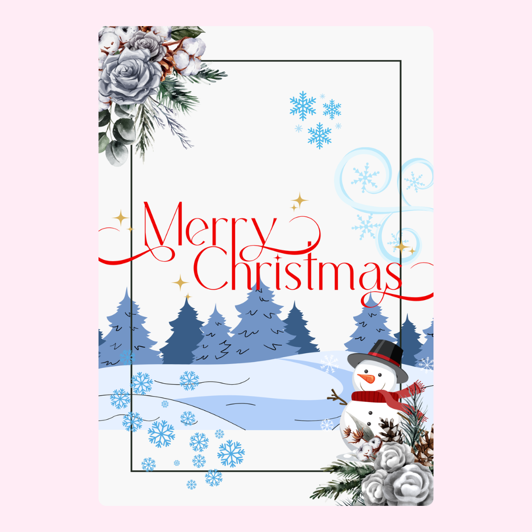 Christmas card with snowman and Merry Christmas greeting