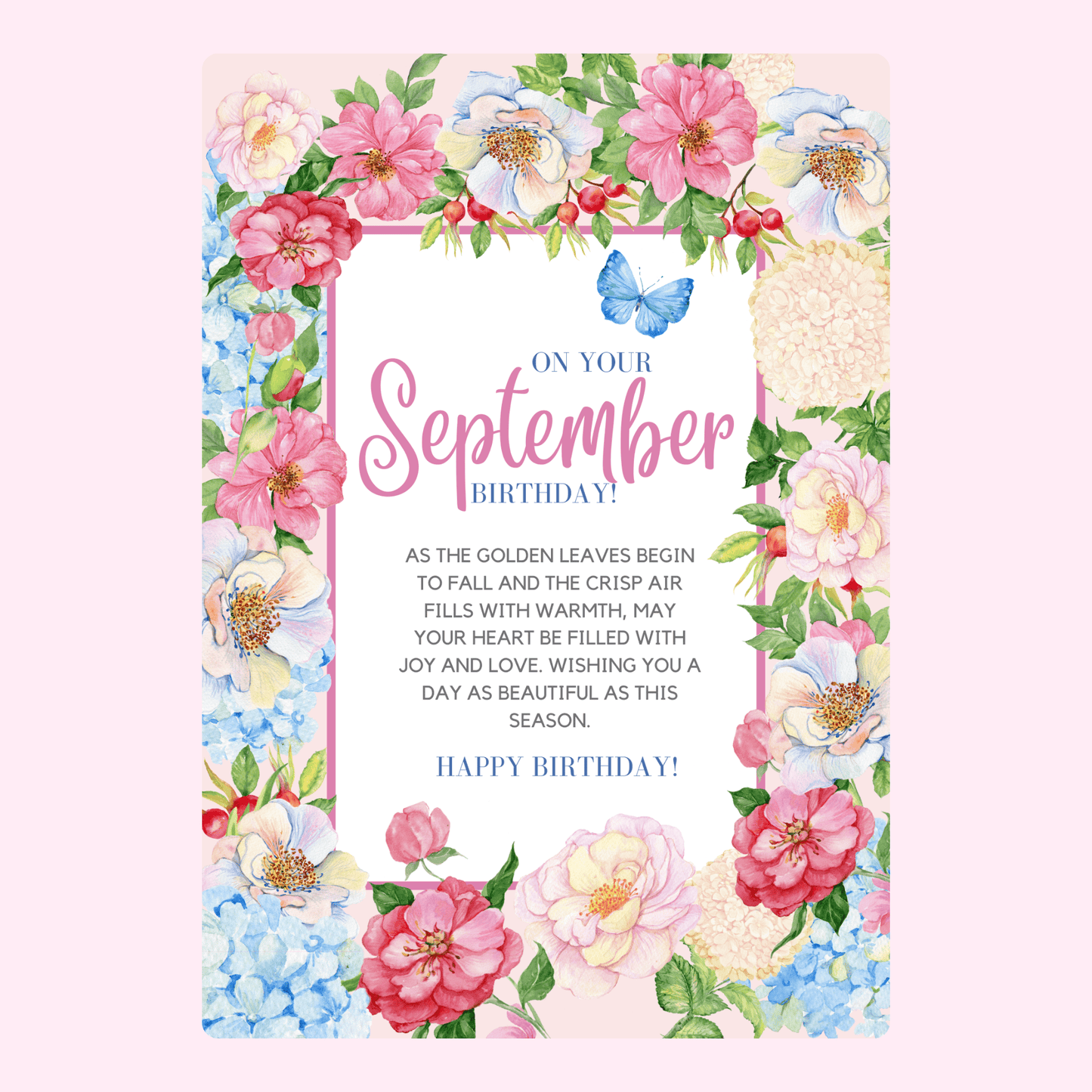 September birthday card with floral border