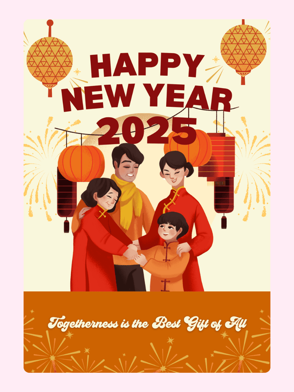 Happy New Year 2025 family portrait with lanterns.