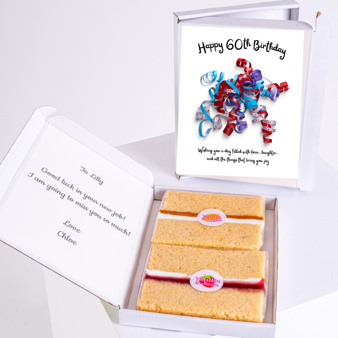 60th birthday cake card with colorful ribbons and sponge slices
