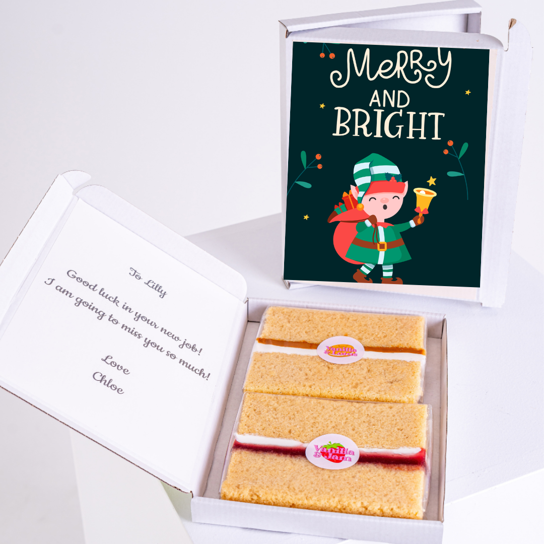 Christmas gift box with Merry and Bright card and cake, to Lilly.