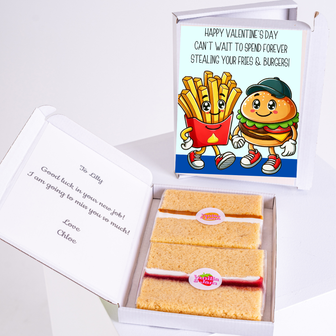 Valentine's Day gift with fries & burger card for Lilly, farewell cake.