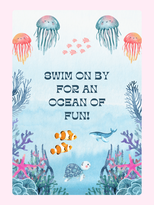 Ocean-themed Swim on by invitation with jellyfish, fish, and sea turtle.