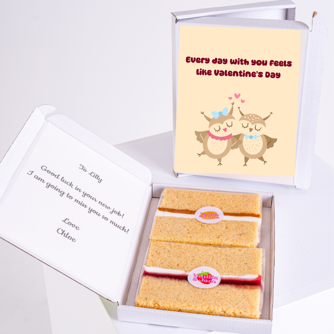 Valentine's Day cake gift box for Lilly, with a card and message.