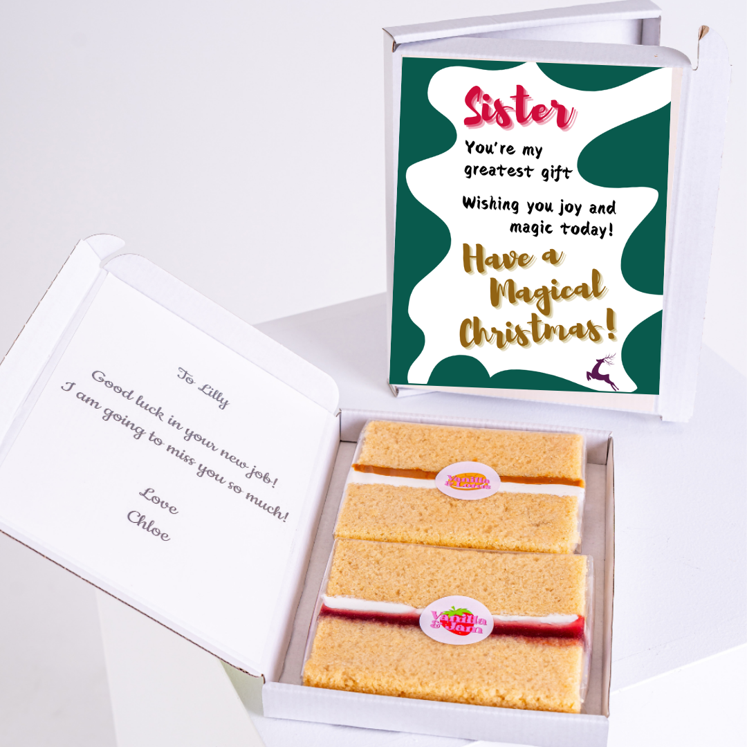 Christmas gift box for sister with cake and message.