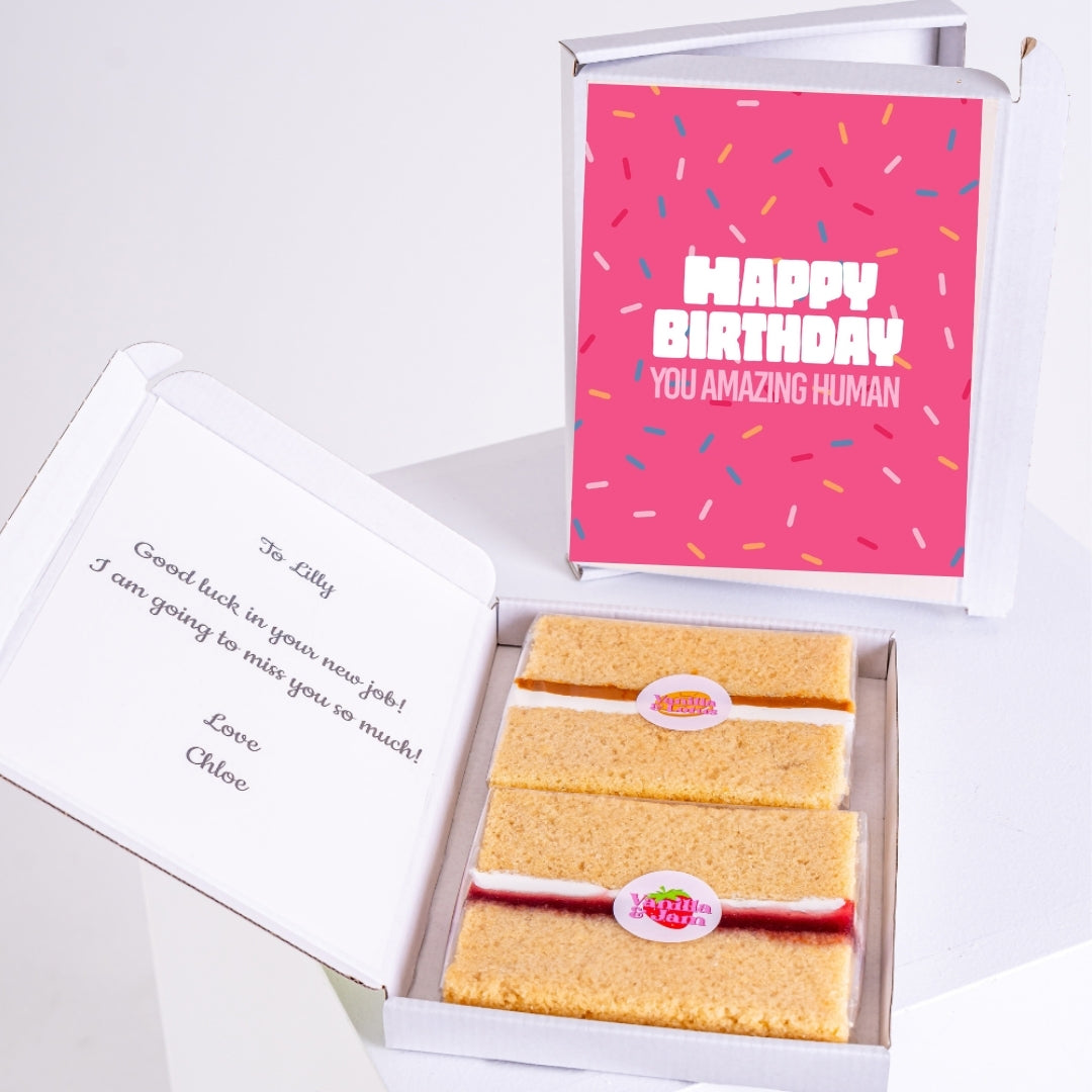 Vanilla cake gift with bright sprinkle birthday design