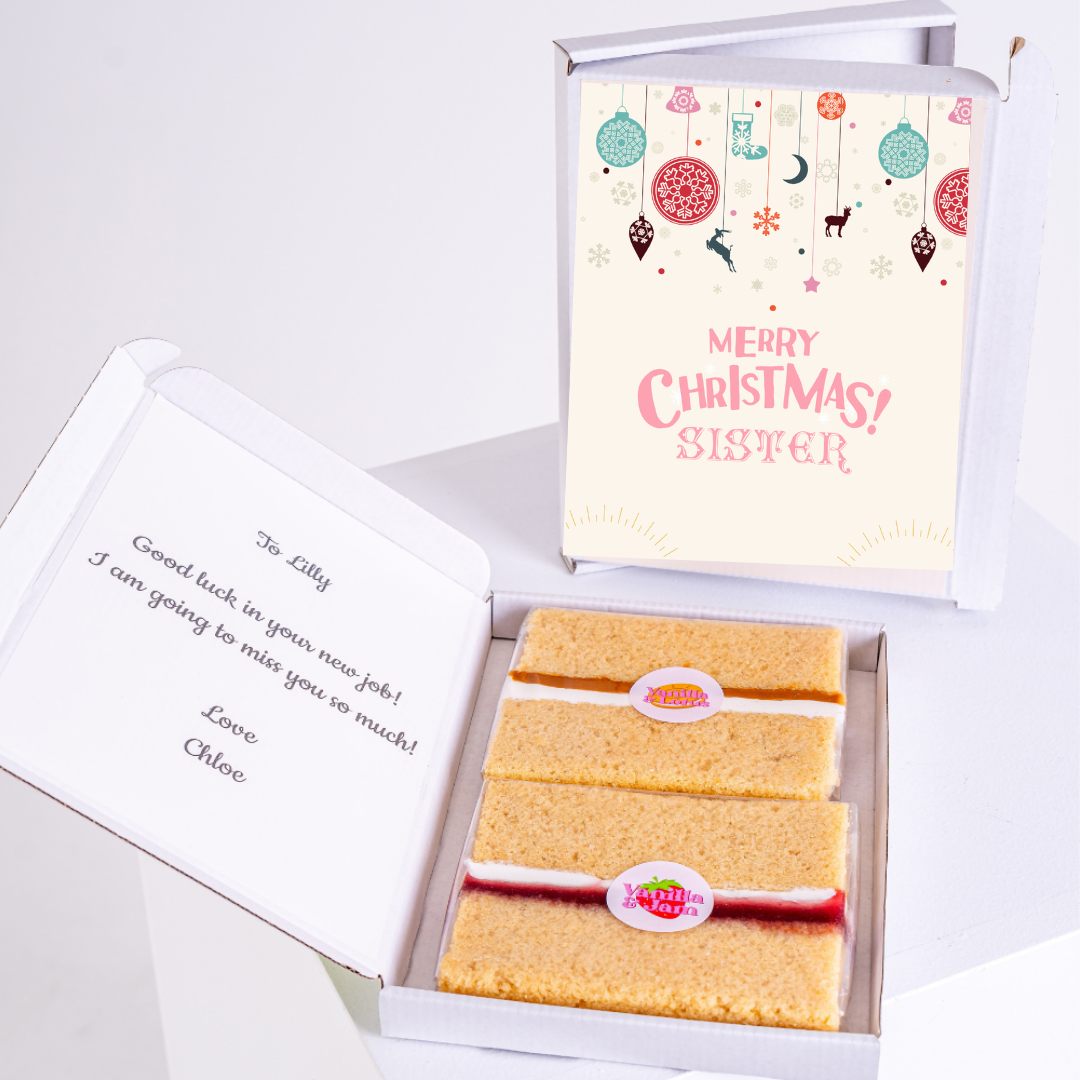 Christmas cake gift for sister, with message Good luck in your new job!