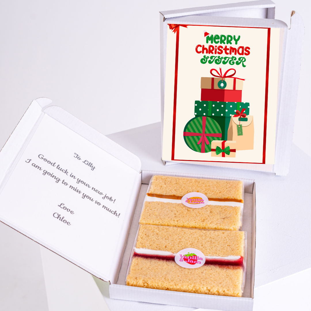 Christmas gift box for sister with cake and card.