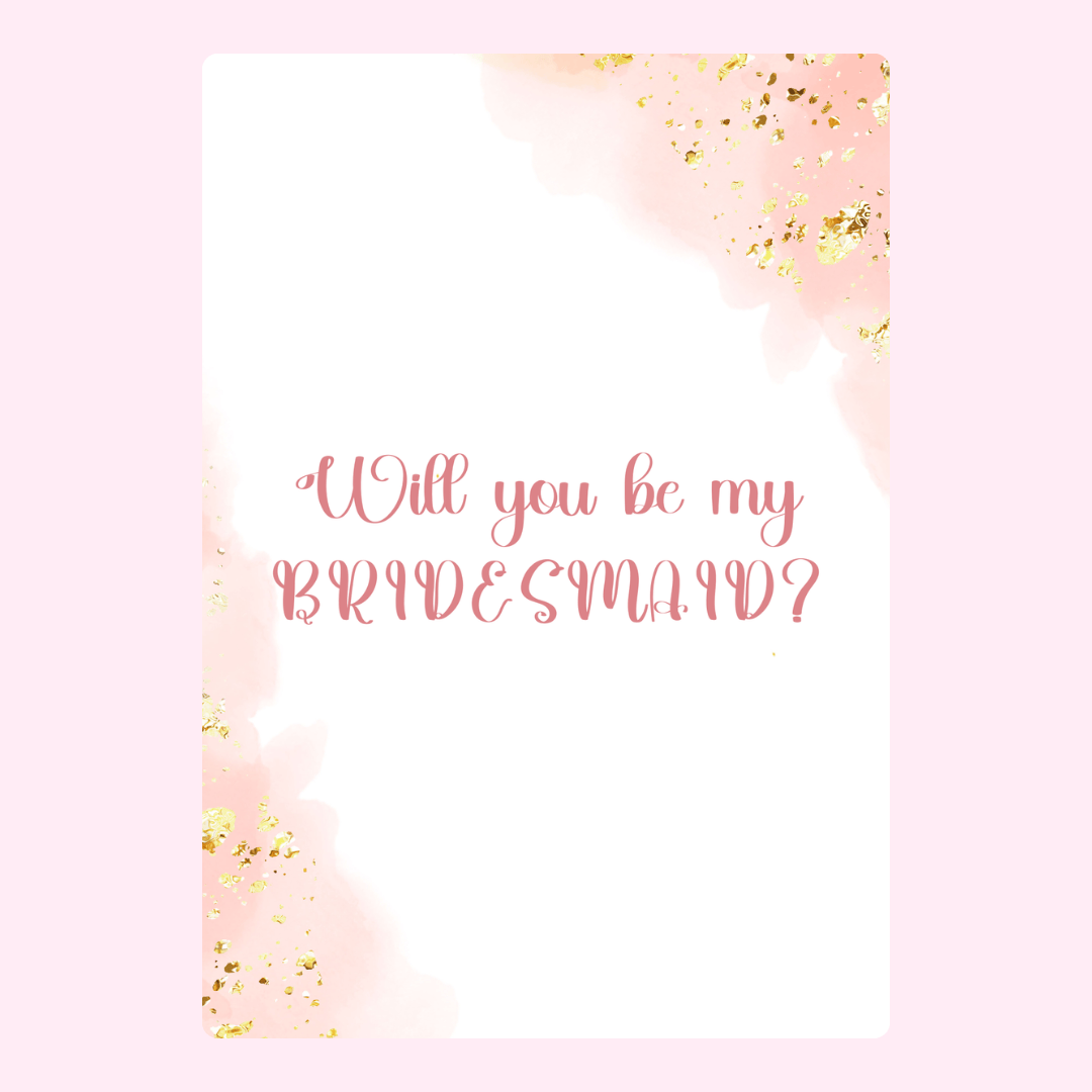 Bridesmaid proposal card with pink watercolor and gold glitter