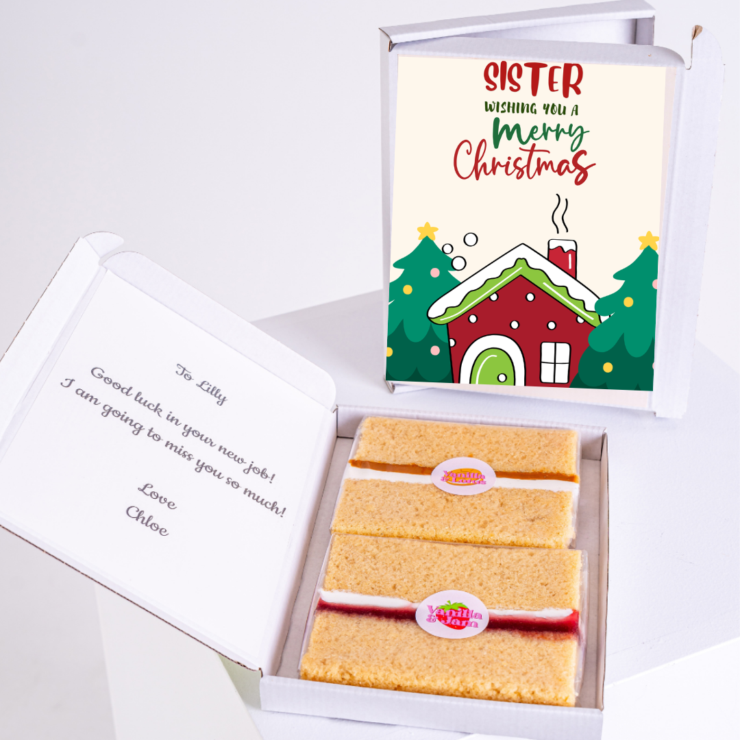 Christmas card & cake gift box for sister, wishing Merry Christmas.