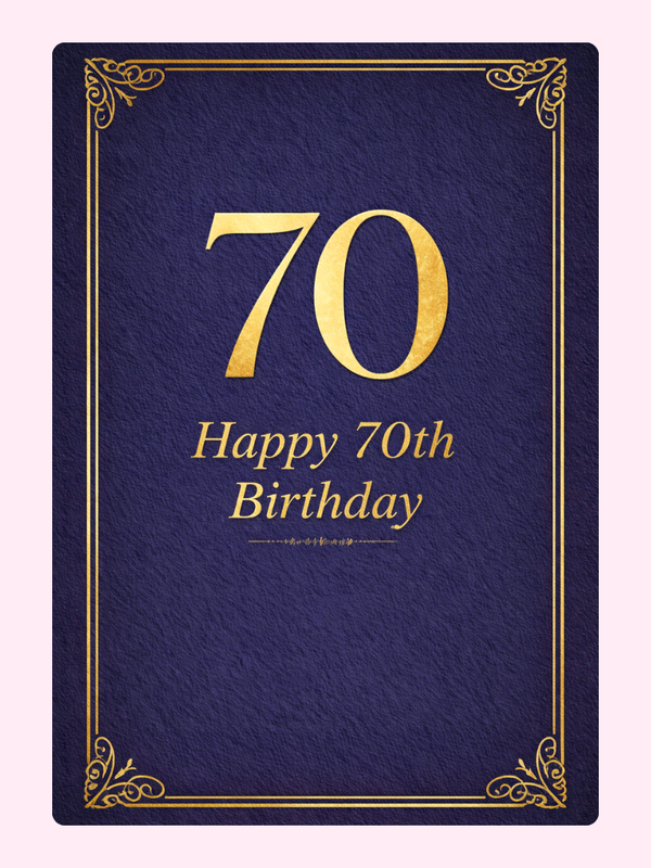 elegant 70th birthday cake card design with gold text on navy background
