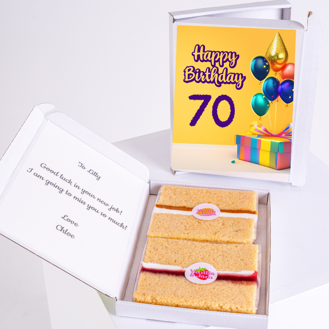70th birthday cake card gift box with sponge cake slices, colorful balloons and present design