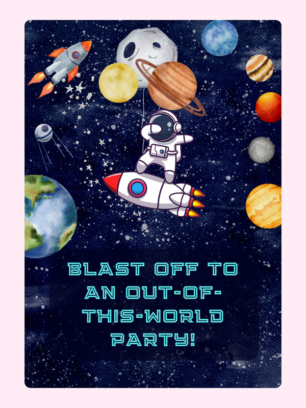 Space party invitation with astronaut and planets