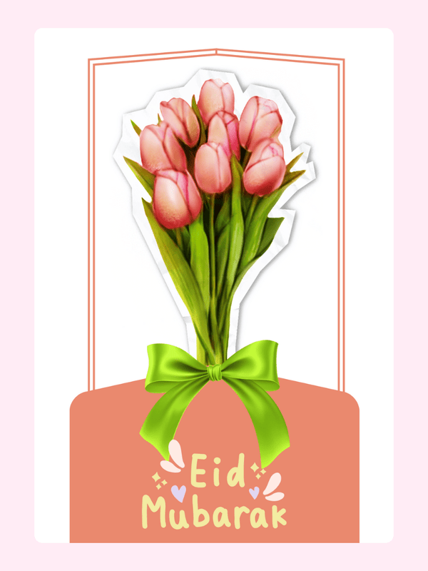 Eid Mubarak card with pink tulips and green ribbon