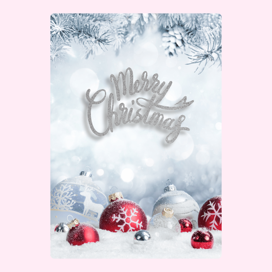 Merry Christmas card with ornaments and snow.