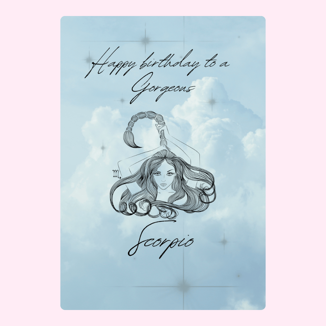 Scorpio birthday card with clouds, text and illustration.