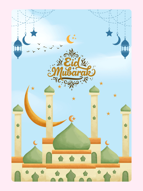 Eid Mubarak greeting card with mosque and crescent moon