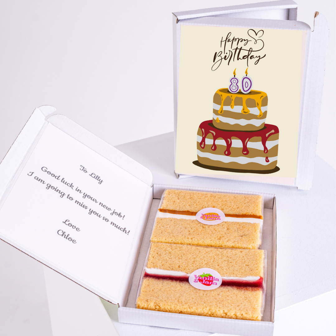 80th birthday cake card gift box with sponge cake slices and illustrated birthday cake design