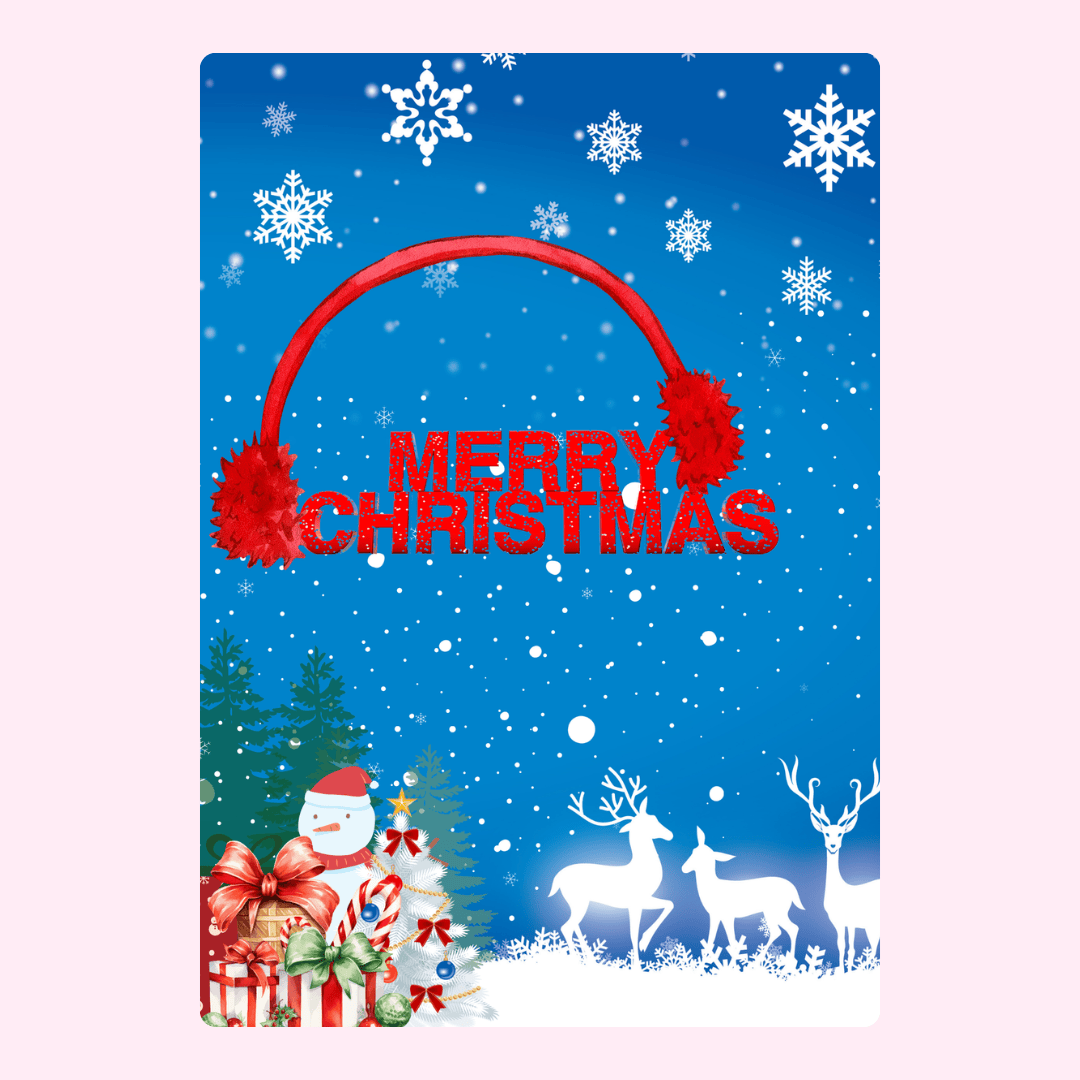 Merry Christmas card with reindeer, snowman, and snowflakes