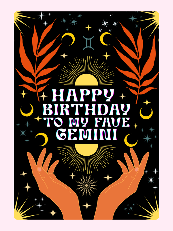 Happy Birthday Gemini card with stars and hands