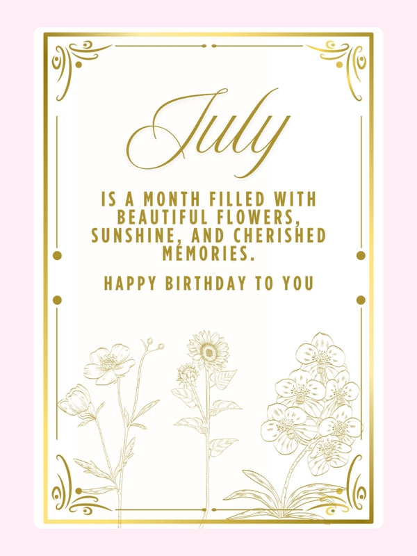 Gold Floral July Birthday Cake Card