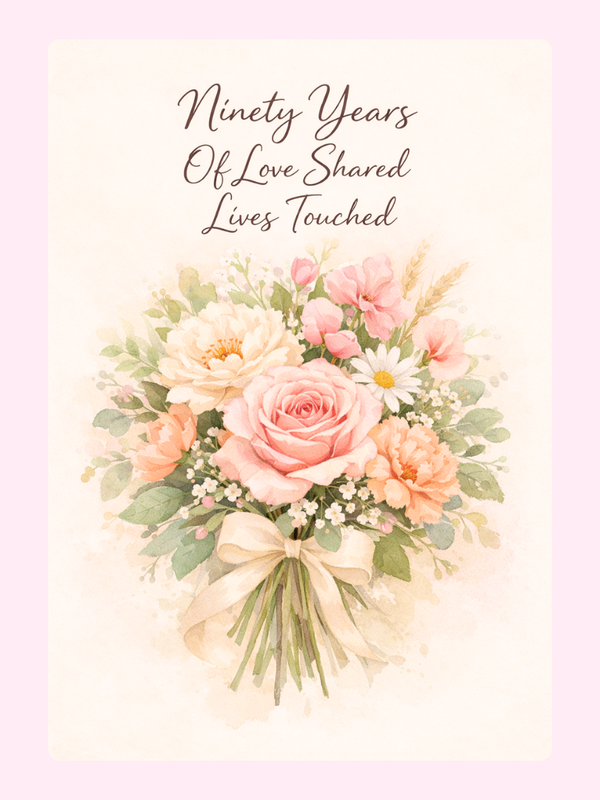 floral 90th birthday cake card design with bouquet illustration