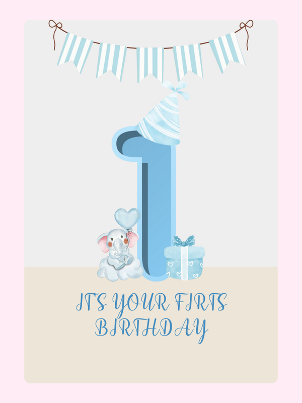 First birthday card with elephant and number 1